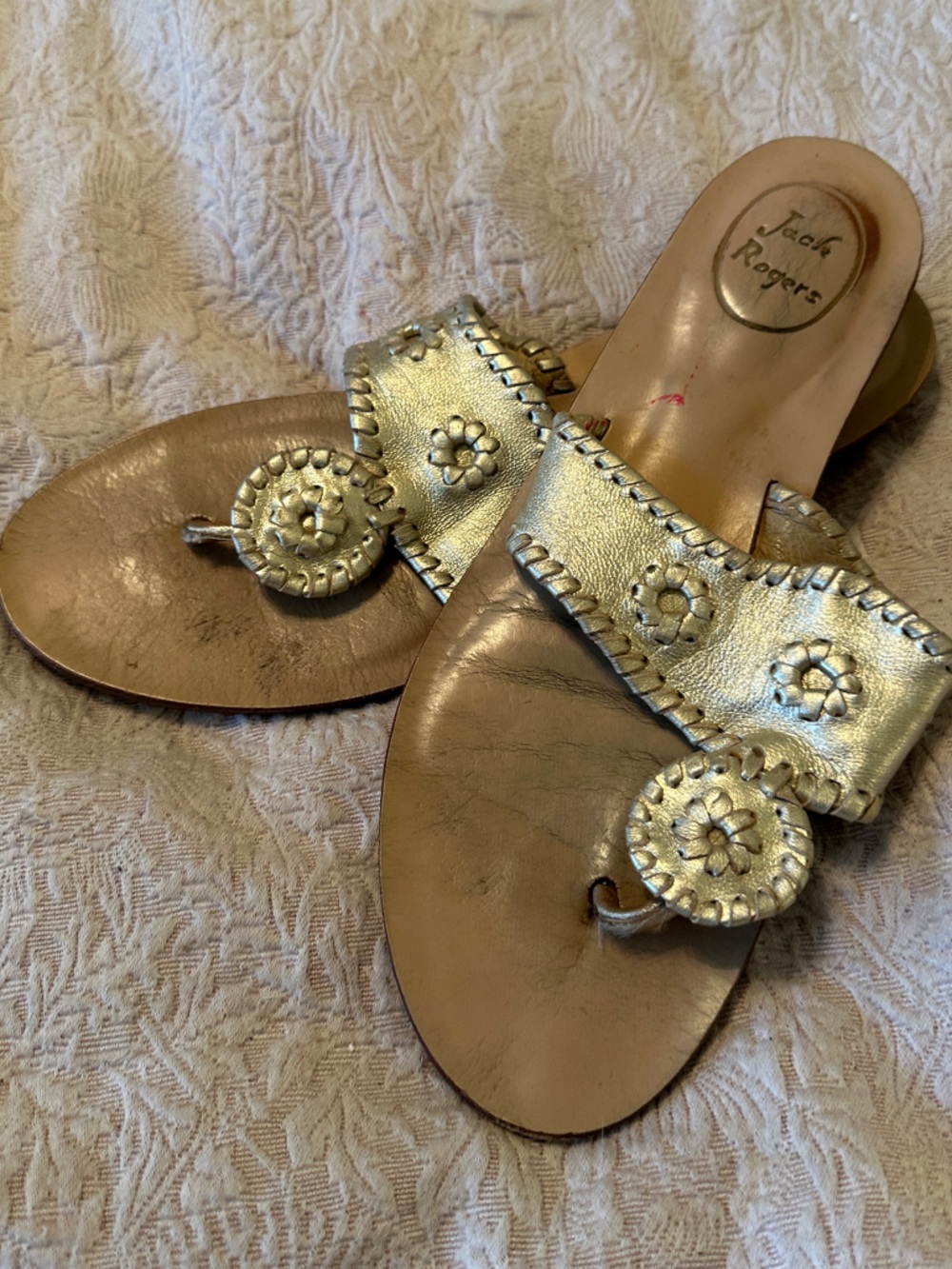Jack Rogers Gold Leather Whipstitch Medallion Thong Sandals